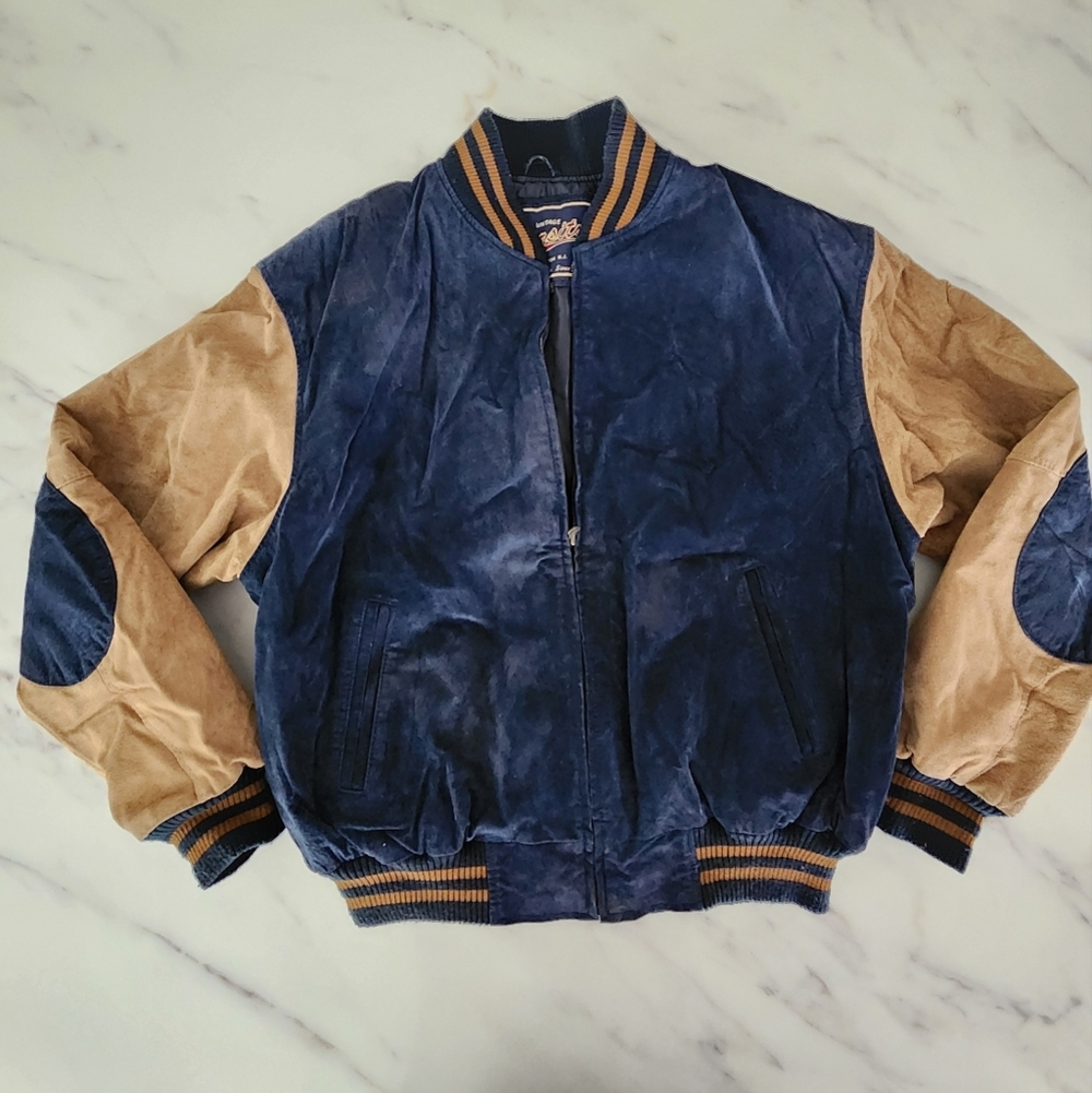 90's Varsity Vintage Retro Suede leather Blue and Tan Bomber Jacket Coat‎
